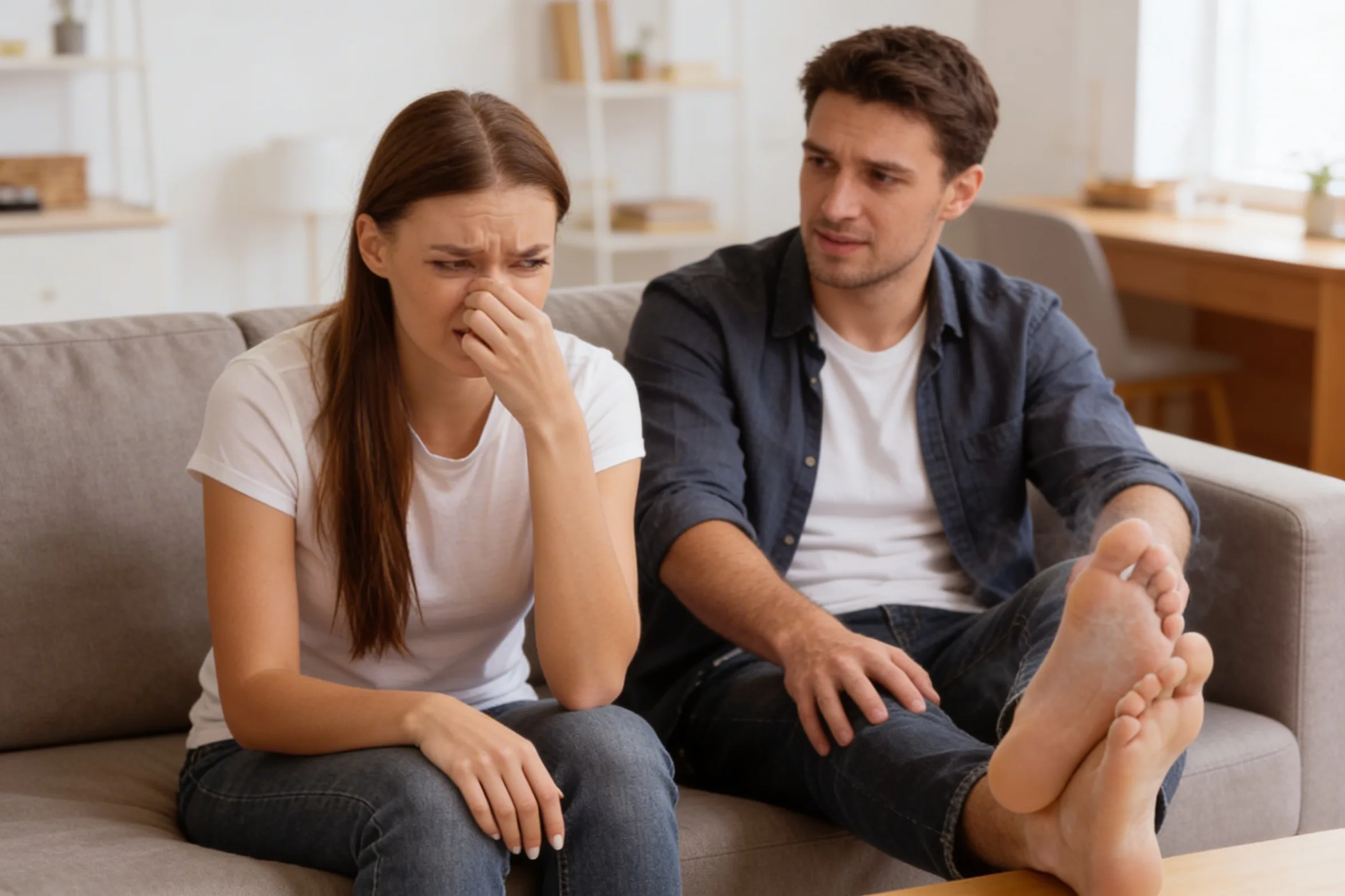 Lugtgener fra fodsved hos en mand og en kvinde på sofaen