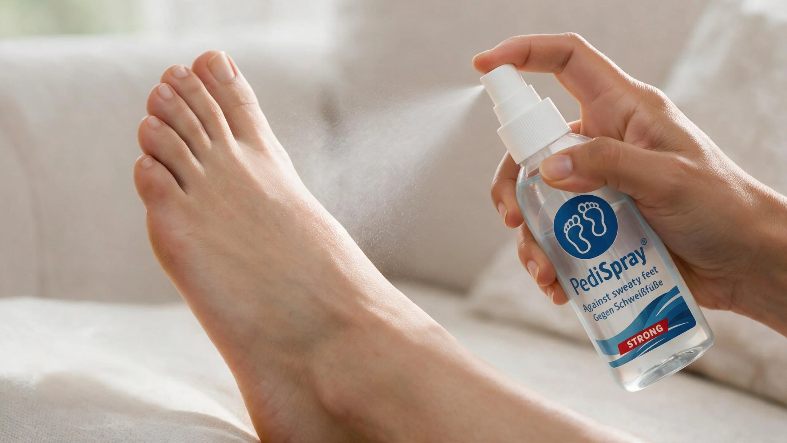 PediSpray® antiperspirant påføres på rene, tørre fødder